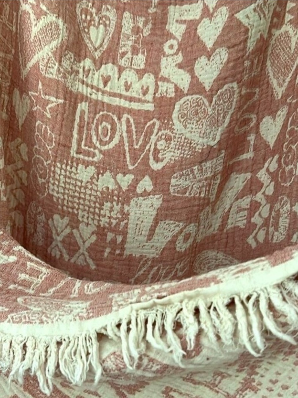 Woven With Love Fringed Pink Love Blanket Size Full Queen Cotton Clay Pink EUC